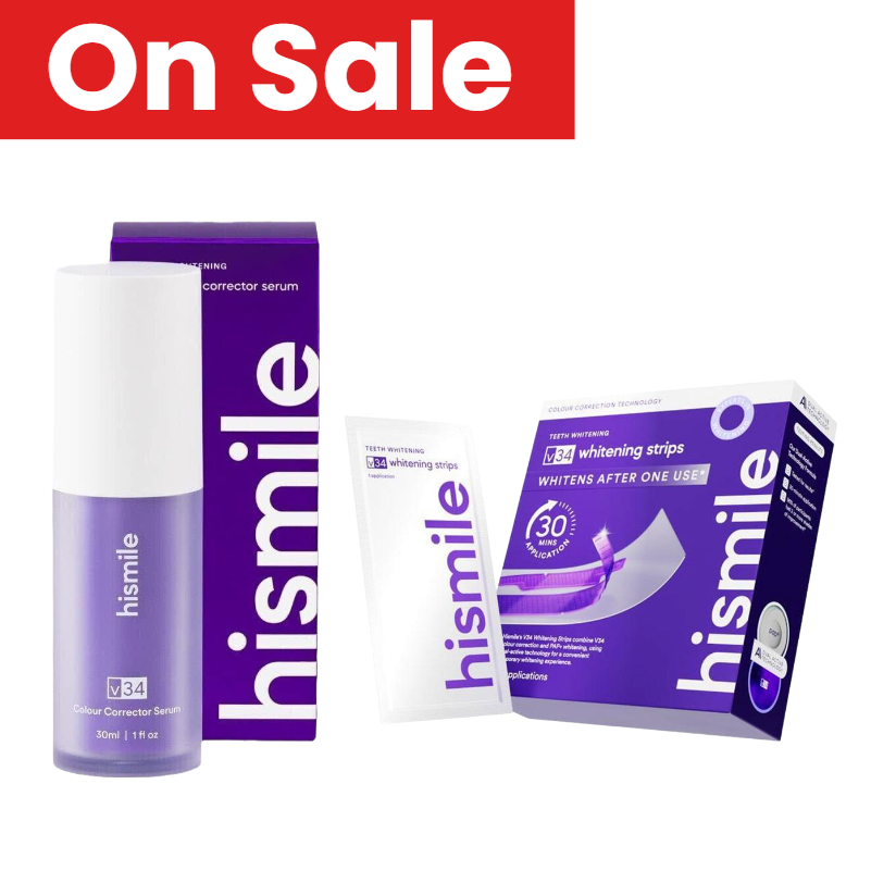 Teeth Whitening Serum - Hismile V34 歯のホワイトニングコンボキット、紫色の汚れ除去歯用ストリップ＆色補正セラム、30分で素早く明るくなる